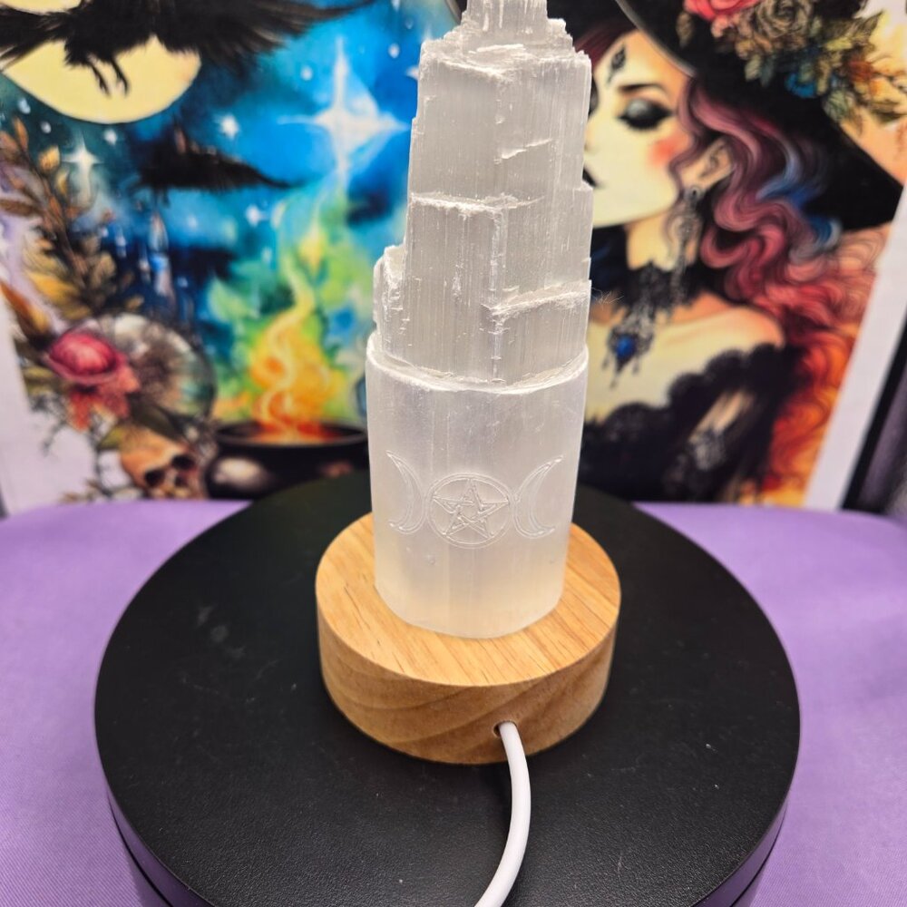 Selenite Crystal Tower 7-Color Changing LED Lamp etched with Triple Moon Goddess - Picture 3 of 5